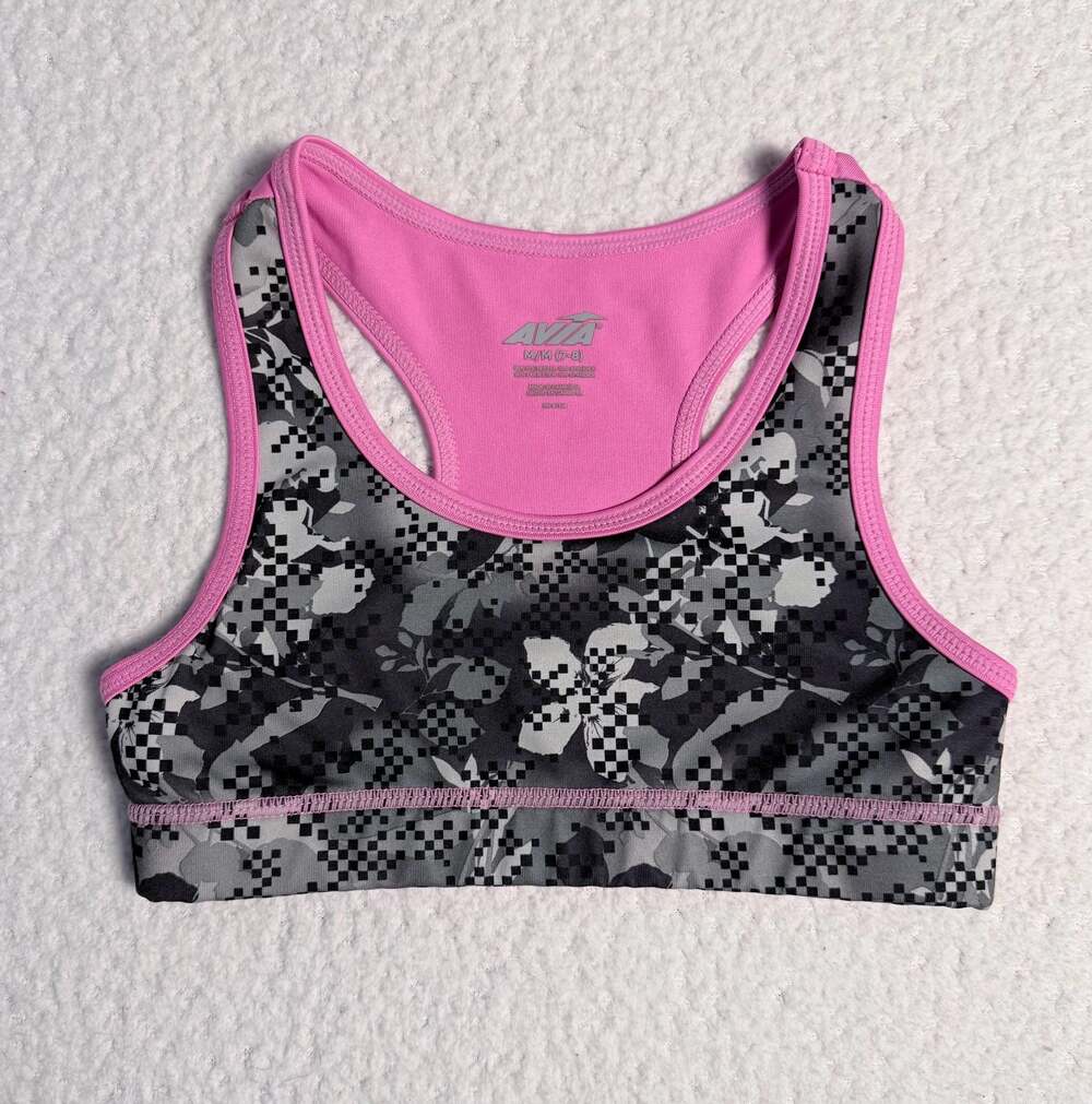 Avia Girls' Racerback Reversible Sports Bra Black Floral Checkerboard Size M 7-8